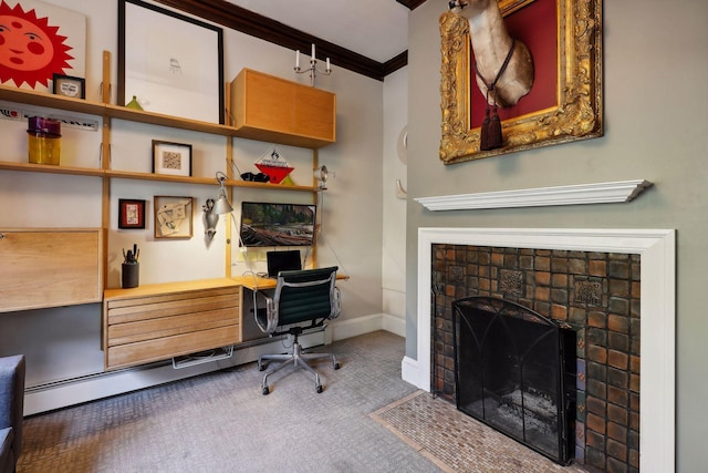 1920 Pillsbury Ave S, Minneapolis, MN 55403 - office area featuring carpet flooring, a fireplace with flush hearth, baseboards, ornamental molding, and built in study area