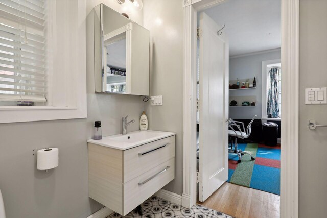 1920 Pillsbury Ave S, Minneapolis, MN 55403 - bathroom featuring plenty of natural light, vanity, baseboards, crown molding, and wood finished floors