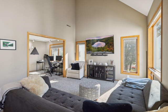 living room featuring high vaulted ceiling and carpet flooring