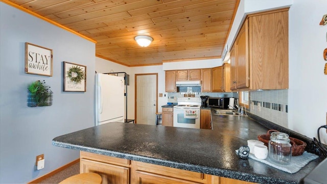 8737 123rd Ave SE, Lake Lillian, MN 56253 - kitchen with white appliances, wood ceiling, a sink, a peninsula, and under cabinet range hood