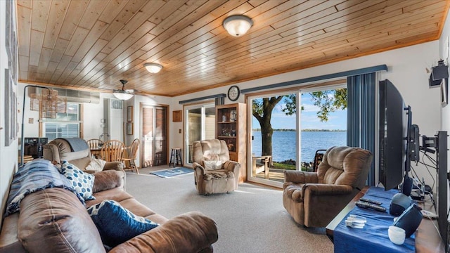 8737 123rd Ave SE, Lake Lillian, MN 56253 - living area with carpet, wooden ceiling, crown molding, and ceiling fan
