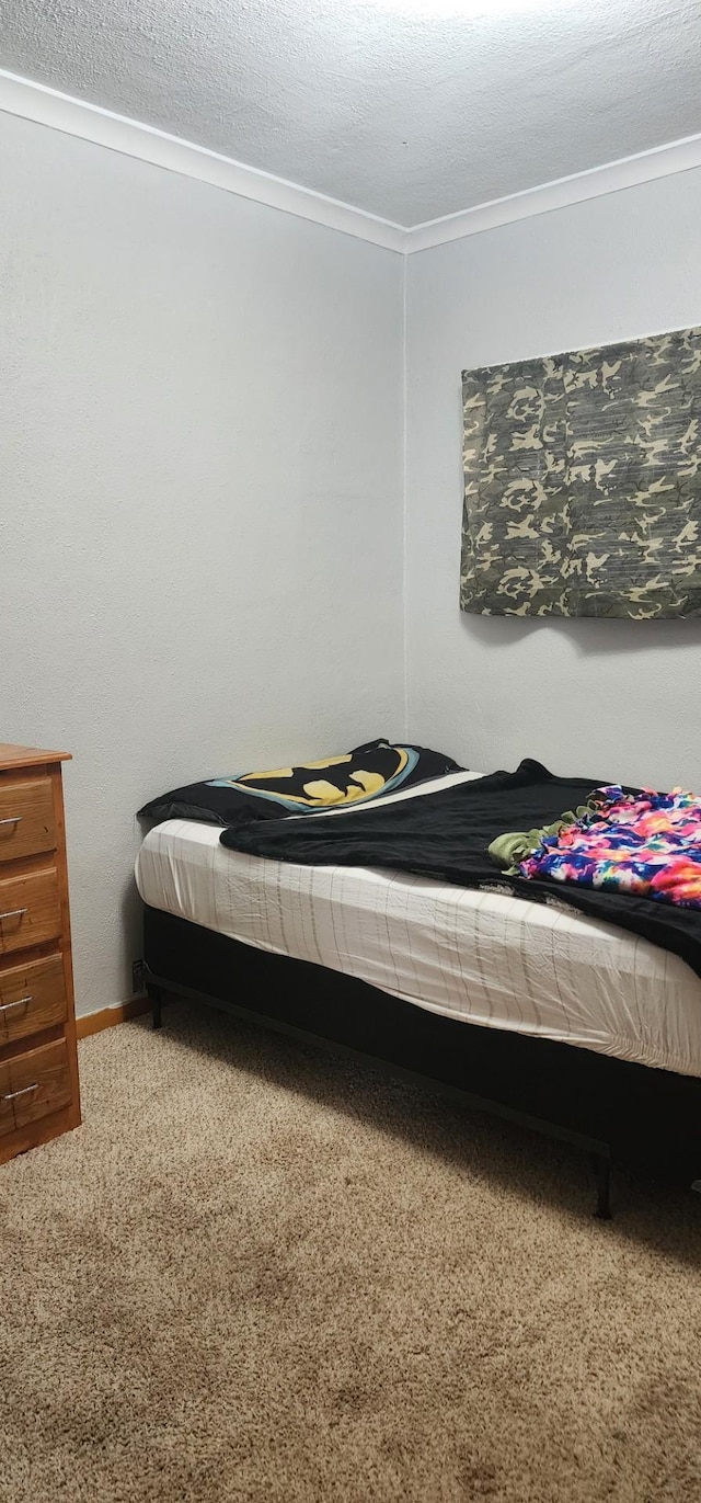 bedroom with ornamental molding and carpet floors