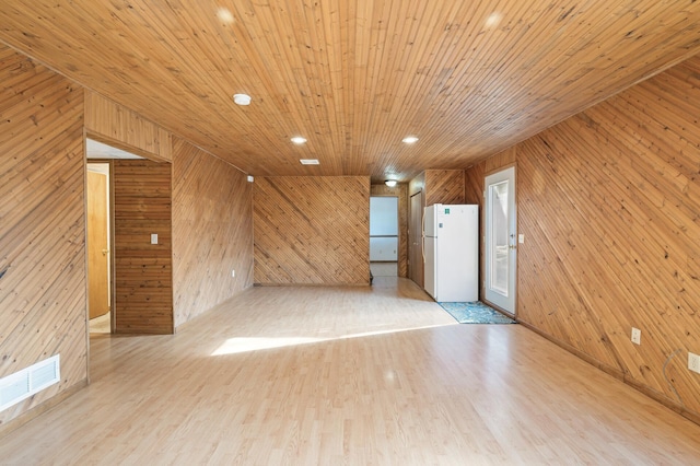 unfurnished living room featuring wood ceiling, wooden walls, and light wood-type flooring