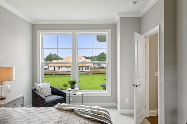 bedroom featuring carpet floors and ornamental molding