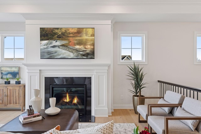 sitting room with light wood-style flooring, a fireplace with flush hearth, baseboards, and plenty of natural light