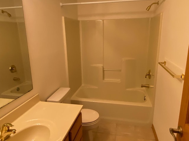 full bathroom featuring bathing tub / shower combination, vanity, and toilet