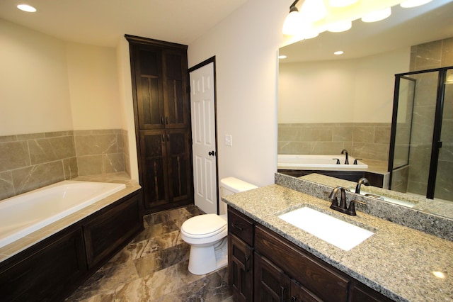 full bathroom with plus walk in shower, toilet, and vanity