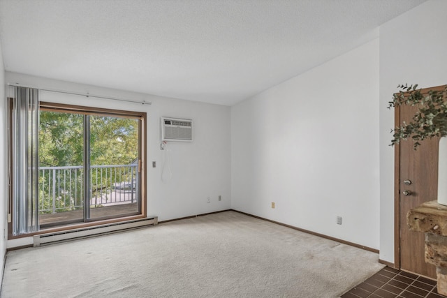 carpeted empty room with a baseboard radiator, a textured ceiling, and an AC wall unit