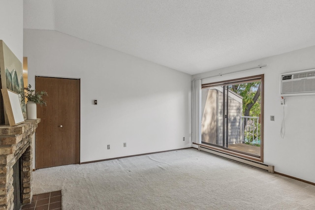 unfurnished living room with an AC wall unit, lofted ceiling, a baseboard heating unit, and carpet flooring