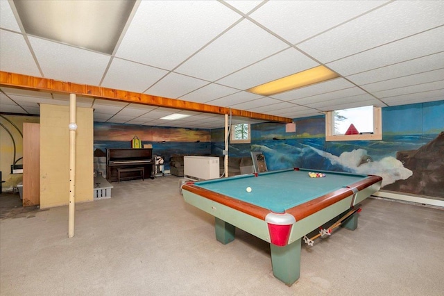 playroom with carpet, pool table, and a drop ceiling