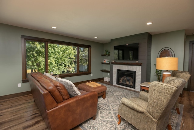 living room featuring hardwood / wood-style flooring and a fireplace