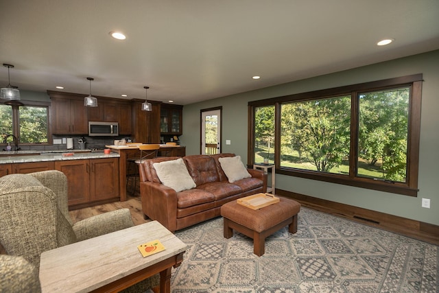 living room with light hardwood / wood-style floors, sink, and a healthy amount of sunlight