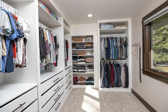 walk in closet with light carpet