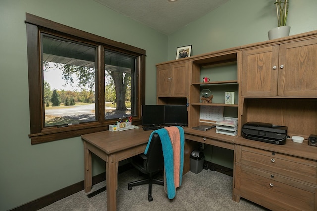 carpeted office space with vaulted ceiling and a textured ceiling