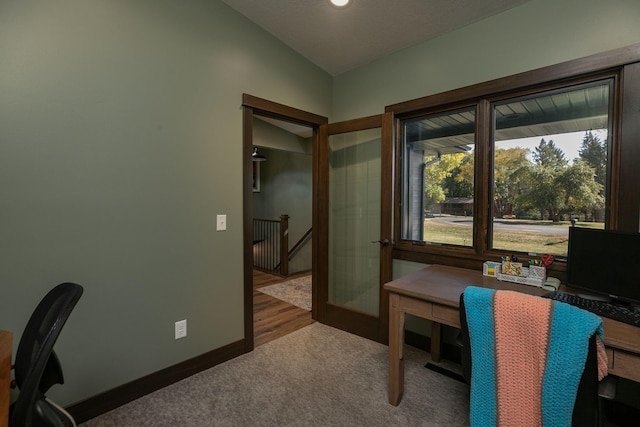 office space with lofted ceiling and dark hardwood / wood-style floors