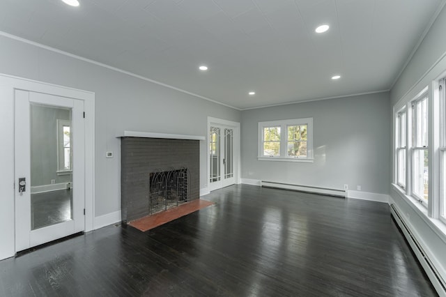 unfurnished living room featuring dark hardwood / wood-style floors, crown molding, and a baseboard radiator