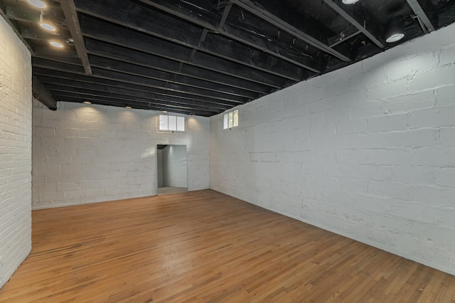 basement with hardwood / wood-style floors