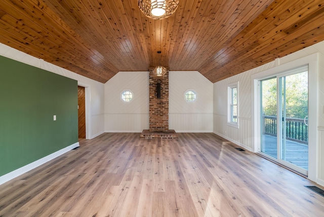 unfurnished living room with wood ceiling, lofted ceiling, and hardwood / wood-style floors