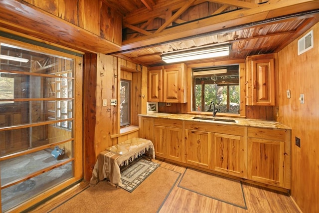 kitchen featuring plenty of natural light, wood walls, sink, and light hardwood / wood-style flooring