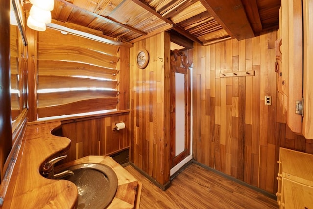 interior space featuring hardwood / wood-style flooring, wood walls, and wooden ceiling