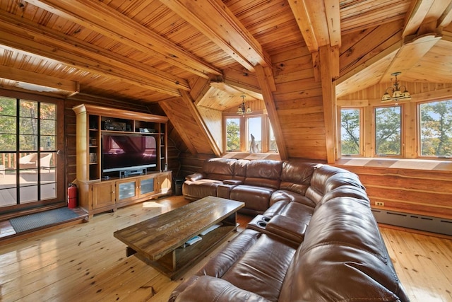 living area featuring wood-type flooring, a healthy amount of sunlight, and wood walls