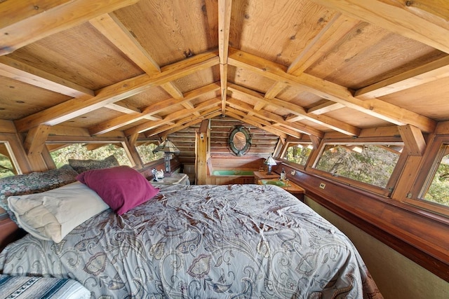 bedroom featuring wooden ceiling, vaulted ceiling with beams, and log walls