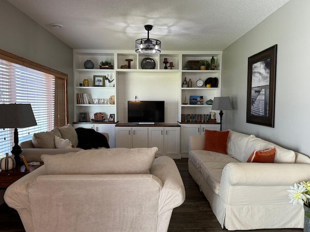 living room featuring a textured ceiling and dark hardwood / wood-style flooring