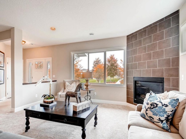 living room featuring a fireplace and carpet