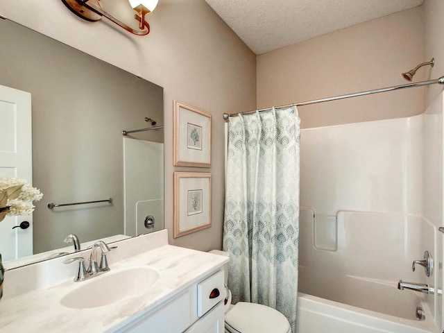 full bathroom with a textured ceiling, toilet, shower / bath combo, and vanity