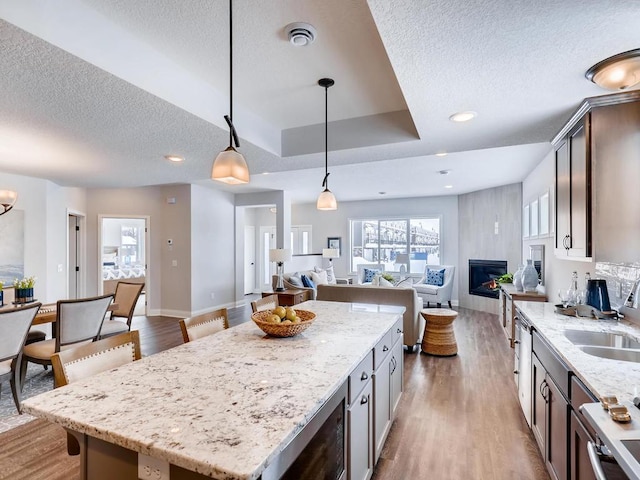 kitchen featuring pendant lighting, dark brown cabinets, sink, and light hardwood / wood-style flooring