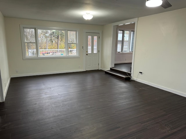 interior space featuring ceiling fan, a healthy amount of sunlight, and dark hardwood / wood-style flooring