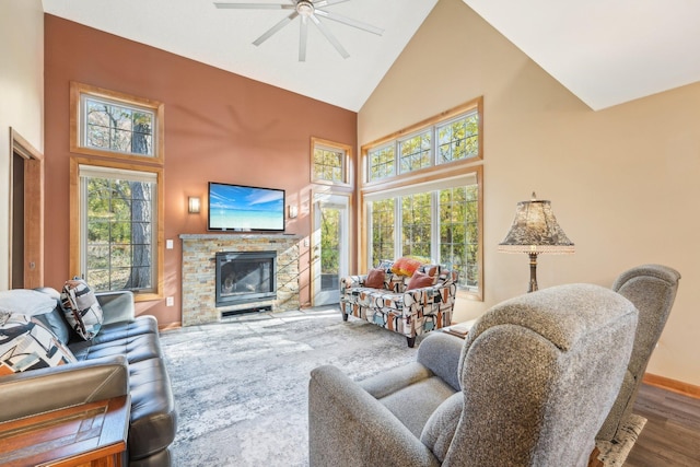 living room featuring dark hardwood / wood-style floors, high vaulted ceiling, a fireplace, and a wealth of natural light