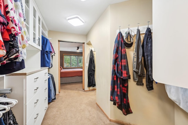 walk in closet with light carpet