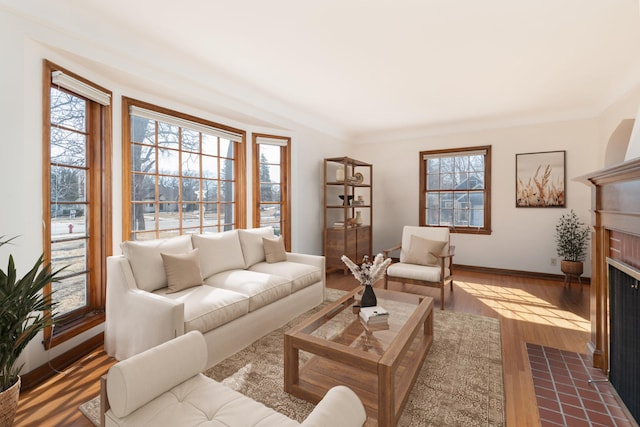 living area featuring baseboards, a fireplace with flush hearth, and dark wood-style flooring