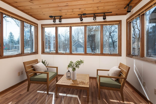 sunroom / solarium with rail lighting and wooden ceiling