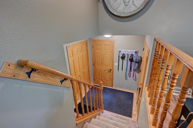 staircase featuring carpet floors