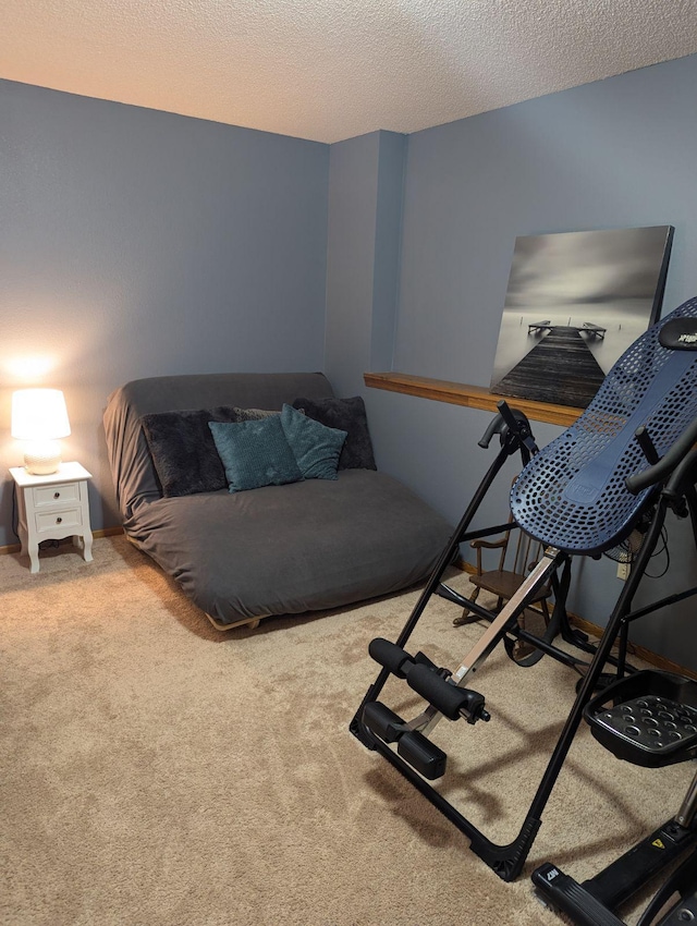 carpeted bedroom with a textured ceiling