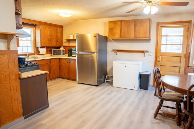 kitchen with plenty of natural light, appliances with stainless steel finishes, light hardwood / wood-style flooring, and a textured ceiling