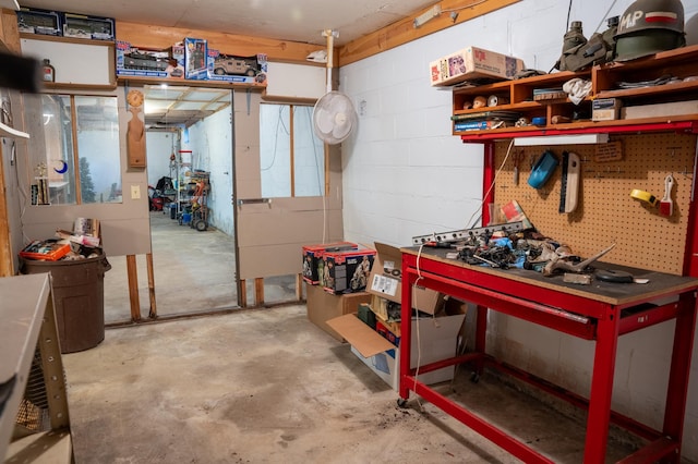 basement with a workshop area