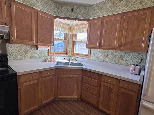 kitchen featuring black / electric stove, range hood, sink, dark hardwood / wood-style floors, and white fridge