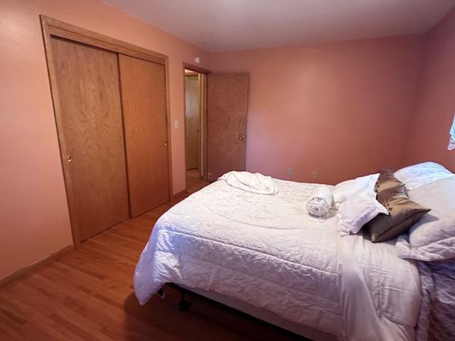 bedroom with wood finished floors and a closet