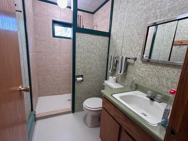 bathroom with toilet, a stall shower, and vanity