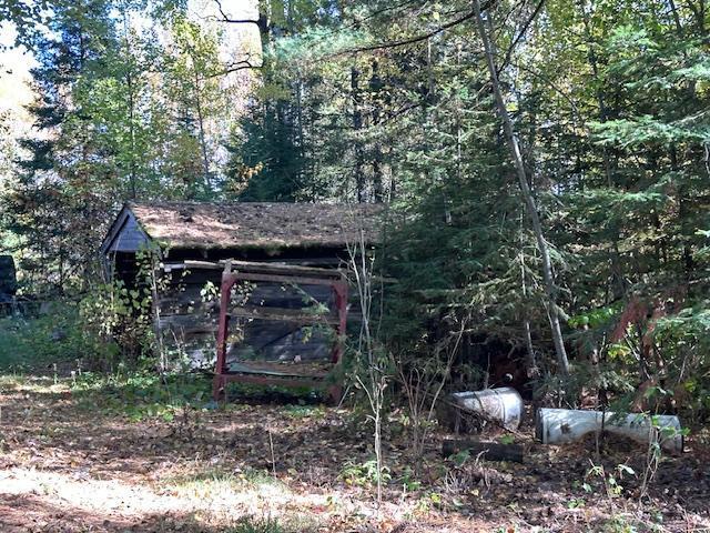 view of outdoor structure with a forest view