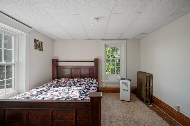 bedroom featuring hardwood / wood-style flooring, multiple windows, a paneled ceiling, and radiator