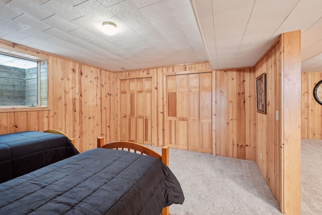 bedroom with carpet floors and wood walls