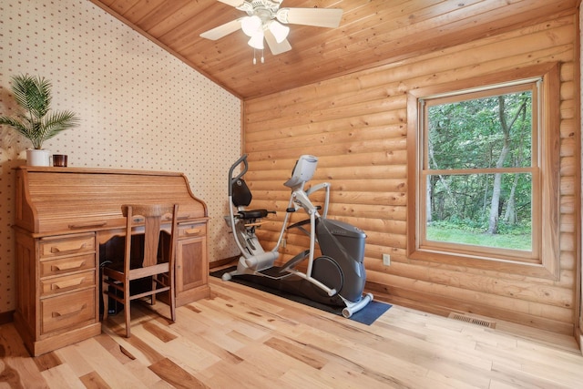 home office with light hardwood / wood-style floors, ceiling fan, log walls, wood ceiling, and lofted ceiling