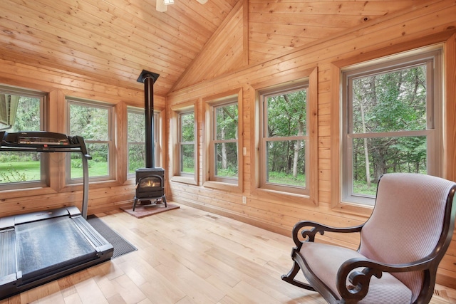 workout area with light hardwood / wood-style floors, a wood stove, and a healthy amount of sunlight