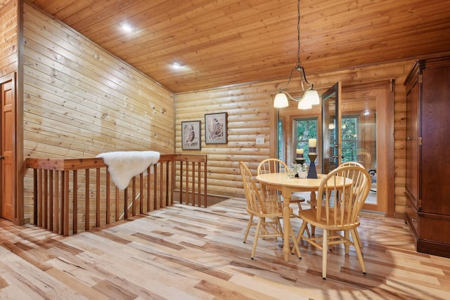 dining room with a chandelier, light hardwood / wood-style floors, and wooden ceiling