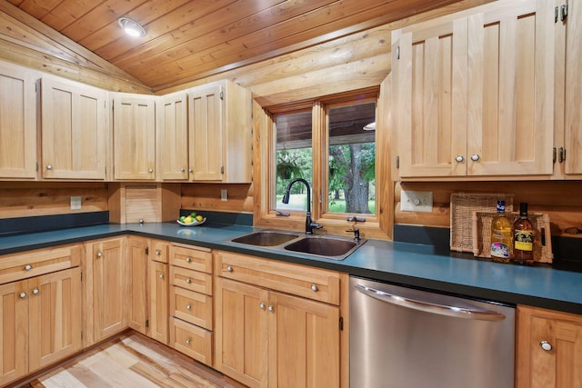 kitchen featuring light hardwood / wood-style floors, wood ceiling, vaulted ceiling, sink, and stainless steel dishwasher