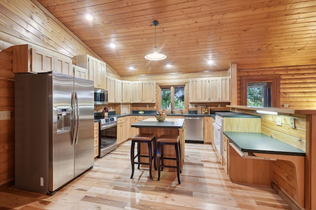 kitchen with decorative light fixtures, light hardwood / wood-style flooring, appliances with stainless steel finishes, wooden ceiling, and a center island